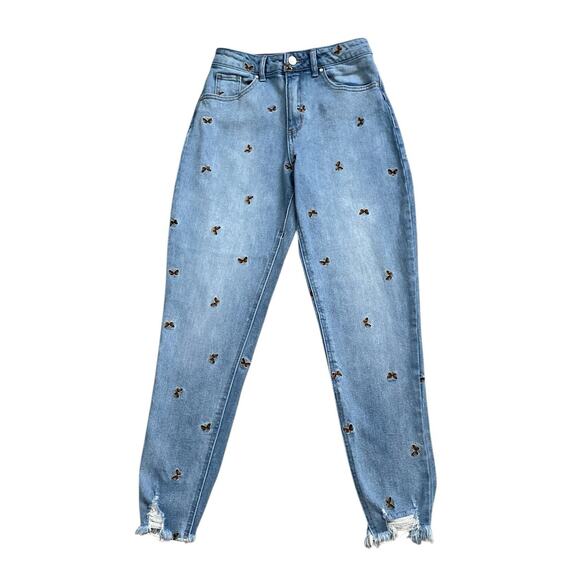 LOVE FIRE Womens Size 3 Embroidered Butterfly Tapered High Waist Mom Blue Jeans - Picture 1 of 9